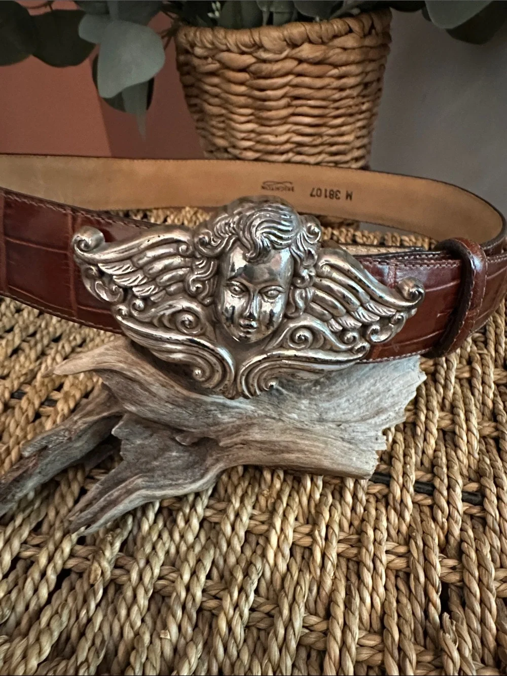 Brighton 1995 Brown crocodile leather M cherub Cupid silver buckle belt